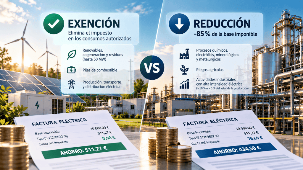 Comparativa entre la exención total y la reducción del 85 % de la base imponible del Impuesto Especial sobre la Electricidad