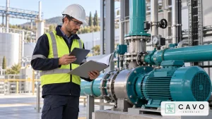 Ingeniero revisando documentación junto a equipos de bombeo en una instalación industrial